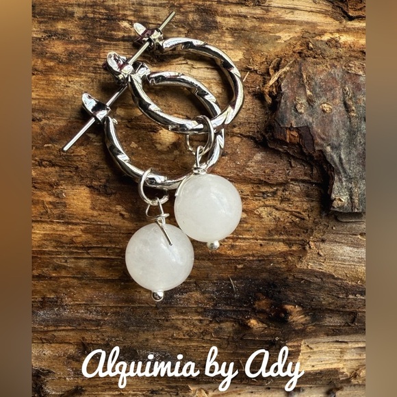 Silver Hoop Earrings with White selenite Stone - Picture 1 of 1